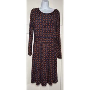 Boden Long Sleeve Jersey Dress Navy Brown Geometric Print Abigail Style SIZE 10